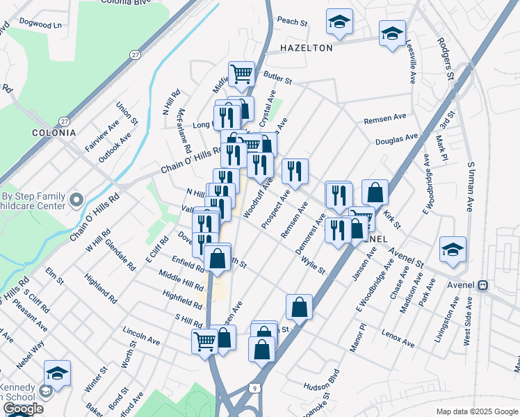 map of restaurants, bars, coffee shops, grocery stores, and more near 197 Prospect Avenue in Woodbridge Township