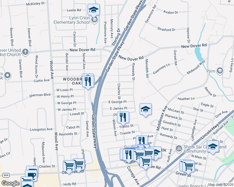 map of restaurants, bars, coffee shops, grocery stores, and more near 335 Charles Street in Woodbridge Township