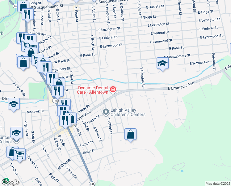 map of restaurants, bars, coffee shops, grocery stores, and more near 206 East Emmaus Avenue in Allentown