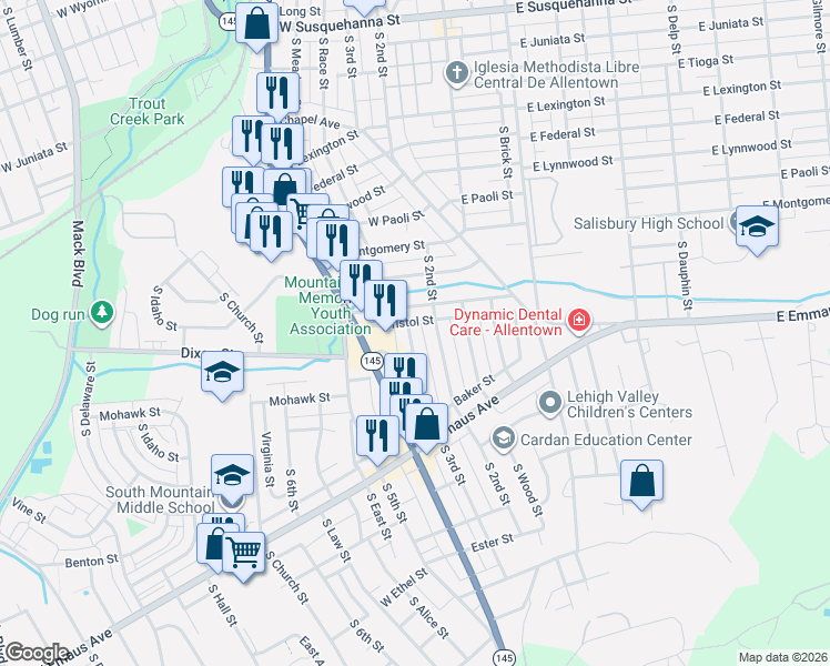 map of restaurants, bars, coffee shops, grocery stores, and more near 1859 South 3rd Street in Allentown