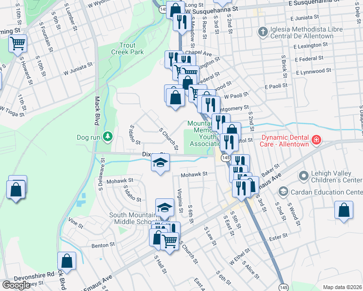 map of restaurants, bars, coffee shops, grocery stores, and more near 629 Dixon Street in Allentown
