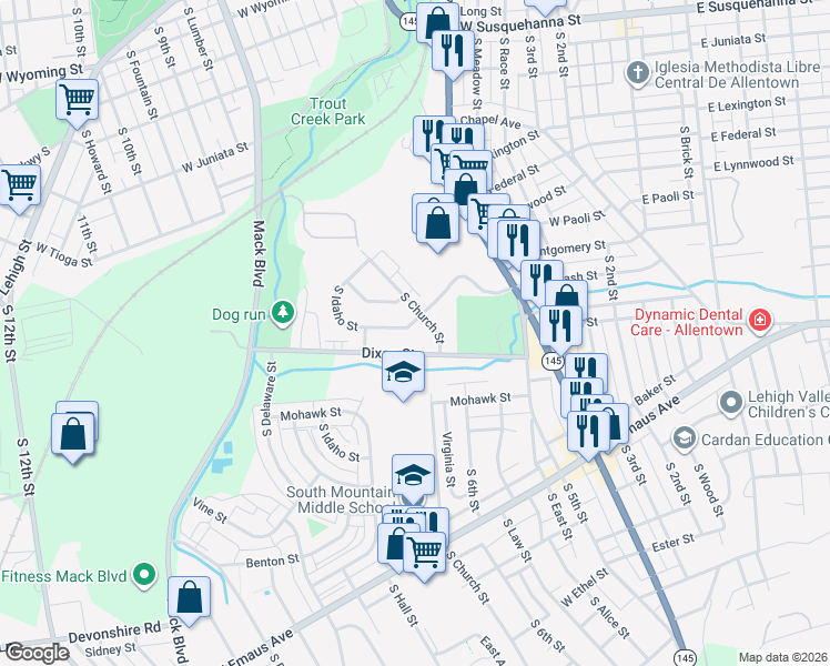 map of restaurants, bars, coffee shops, grocery stores, and more near 671 Dixon Street in Allentown