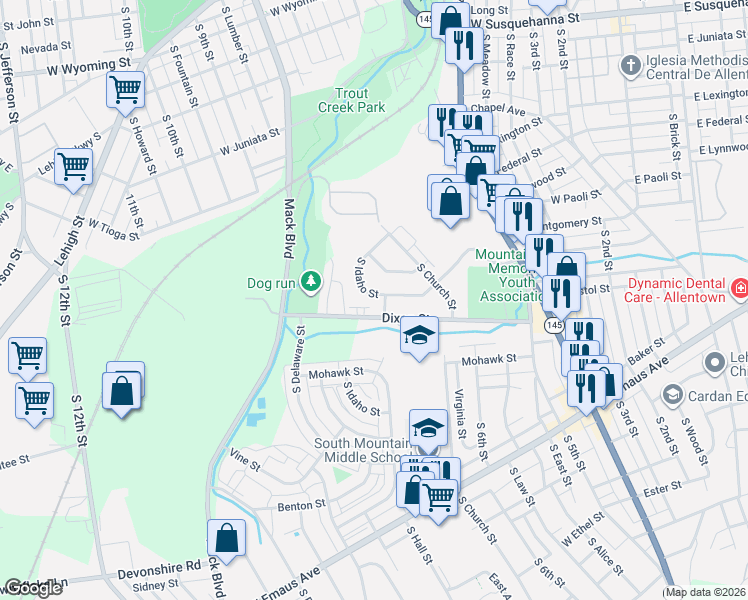 map of restaurants, bars, coffee shops, grocery stores, and more near 703 Dixon Street in Allentown