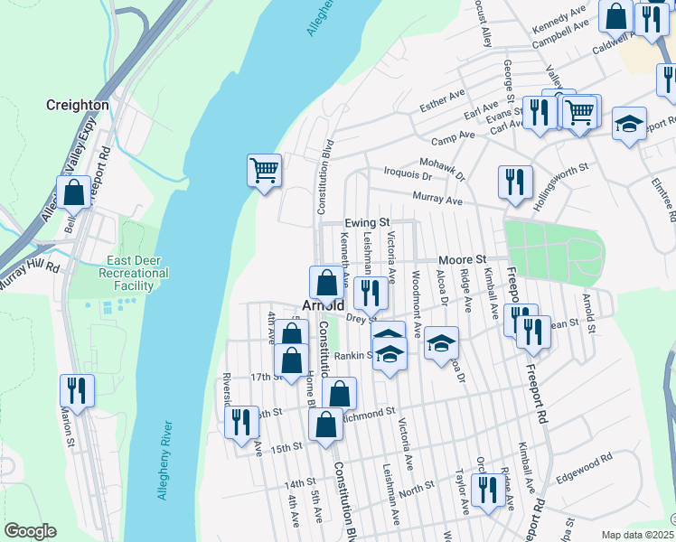 map of restaurants, bars, coffee shops, grocery stores, and more near 1932 Kenneth Avenue in New Kensington
