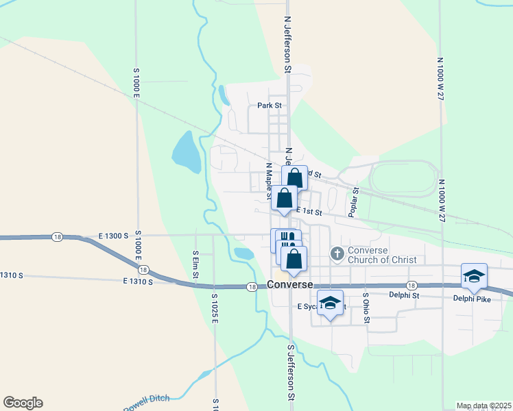 map of restaurants, bars, coffee shops, grocery stores, and more near 203 Railroad Street in Converse