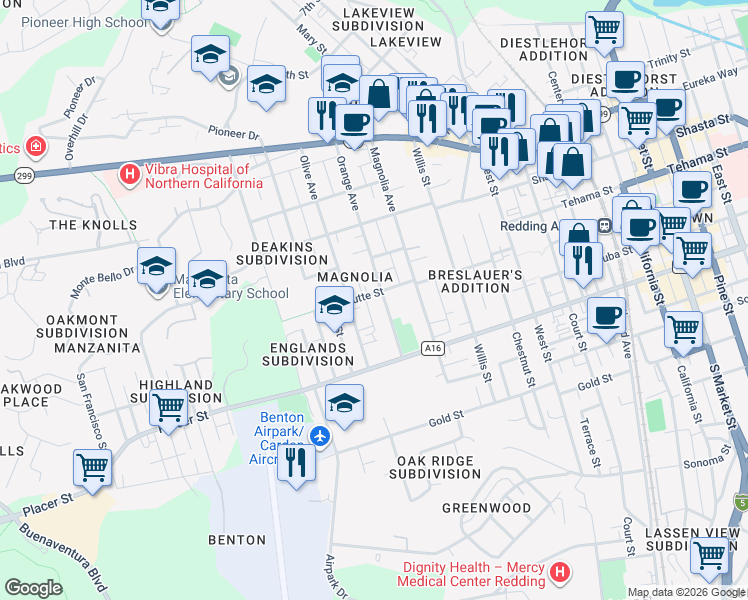 map of restaurants, bars, coffee shops, grocery stores, and more near 1534 Orange Avenue in Redding