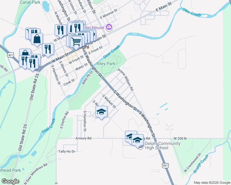 map of restaurants, bars, coffee shops, grocery stores, and more near 101 West Summit Street in Delphi