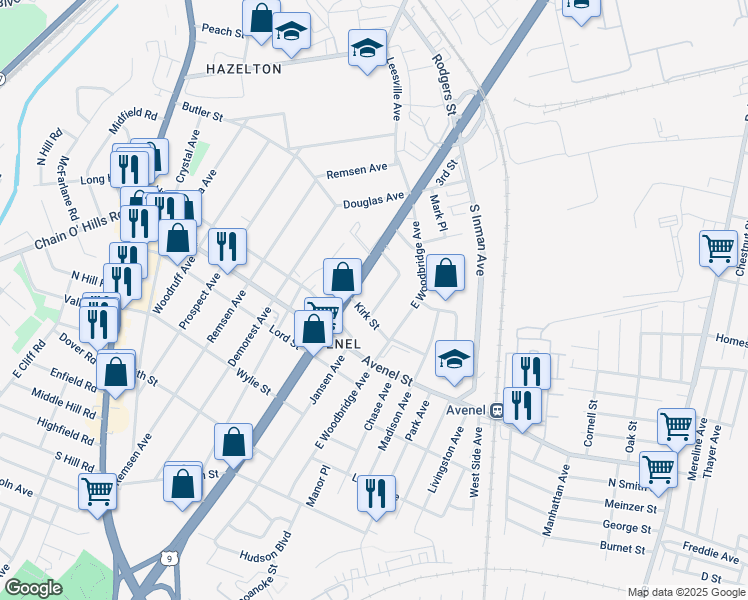 map of restaurants, bars, coffee shops, grocery stores, and more near 11 Mitchell Place in Woodbridge Township