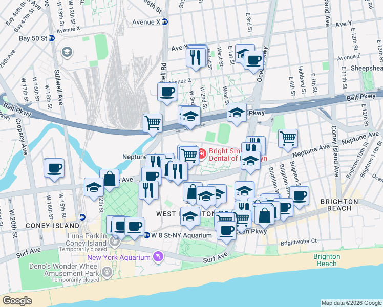 map of restaurants, bars, coffee shops, grocery stores, and more near 2780 West 5th Street in Brooklyn