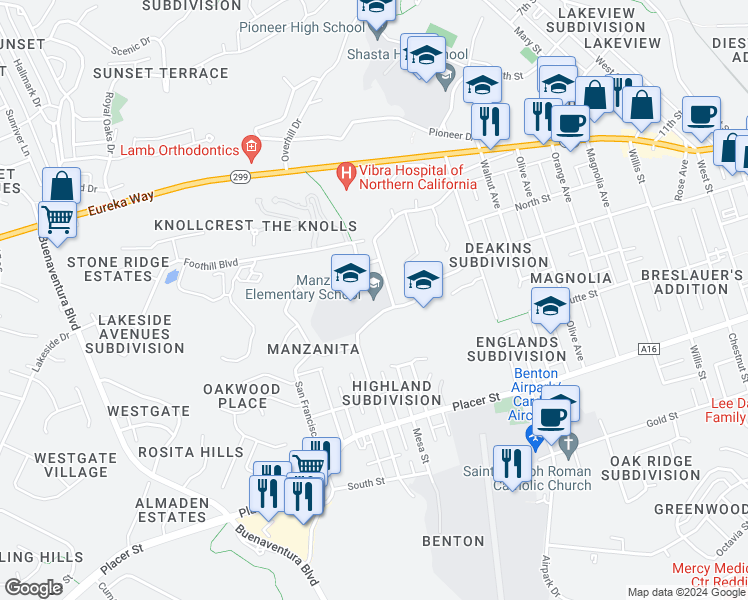 map of restaurants, bars, coffee shops, grocery stores, and more near 1240 Manzanita Hills Avenue in Redding