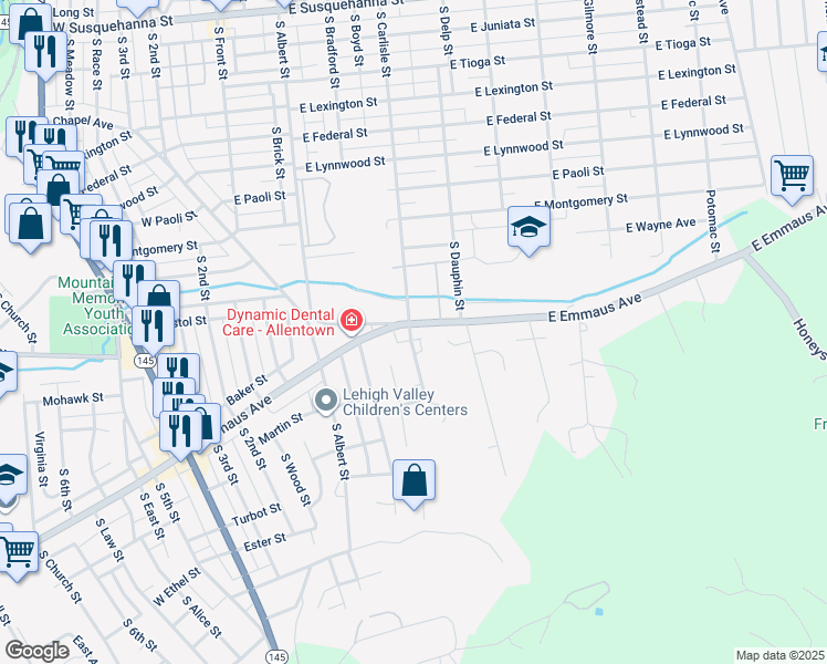 map of restaurants, bars, coffee shops, grocery stores, and more near 304 East Emmaus Avenue in Allentown