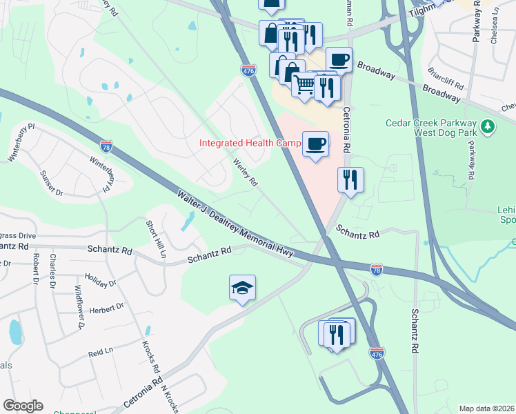 map of restaurants, bars, coffee shops, grocery stores, and more near Walter J. Dealtrey Memorial Highway in Allentown