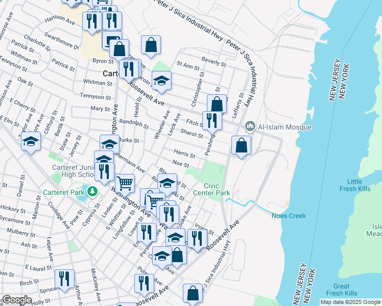 map of restaurants, bars, coffee shops, grocery stores, and more near 18 Harris Street in Carteret