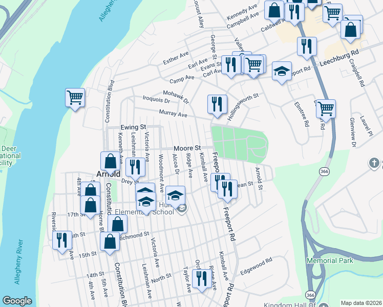 map of restaurants, bars, coffee shops, grocery stores, and more near 1912 Ridge Avenue in New Kensington