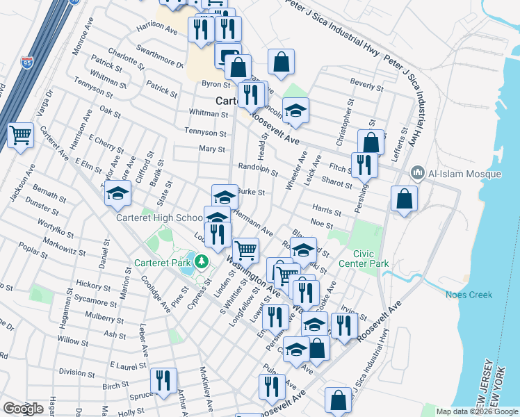 map of restaurants, bars, coffee shops, grocery stores, and more near 115 Linden Street in Carteret