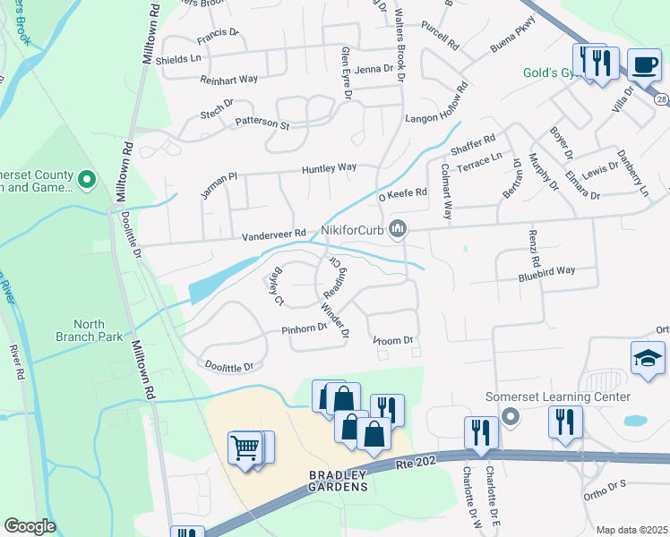 map of restaurants, bars, coffee shops, grocery stores, and more near 101 Reading Circle in Bridgewater