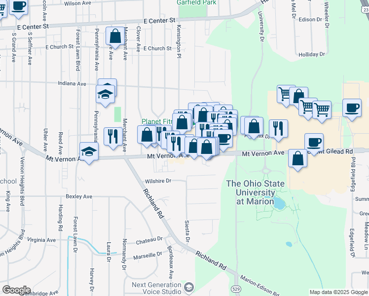 map of restaurants, bars, coffee shops, grocery stores, and more near 1200 Mount Vernon Avenue in Marion