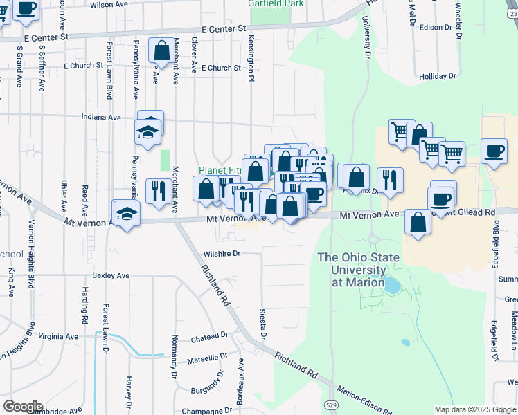 map of restaurants, bars, coffee shops, grocery stores, and more near 1200 Mount Vernon Avenue in Marion