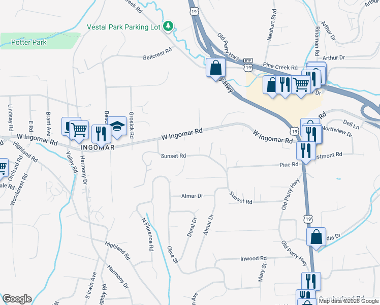 map of restaurants, bars, coffee shops, grocery stores, and more near 365 Sunset Road in Pittsburgh