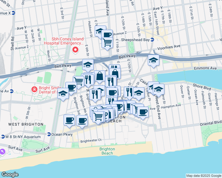 map of restaurants, bars, coffee shops, grocery stores, and more near 18 Brighton 8th Place in Brooklyn