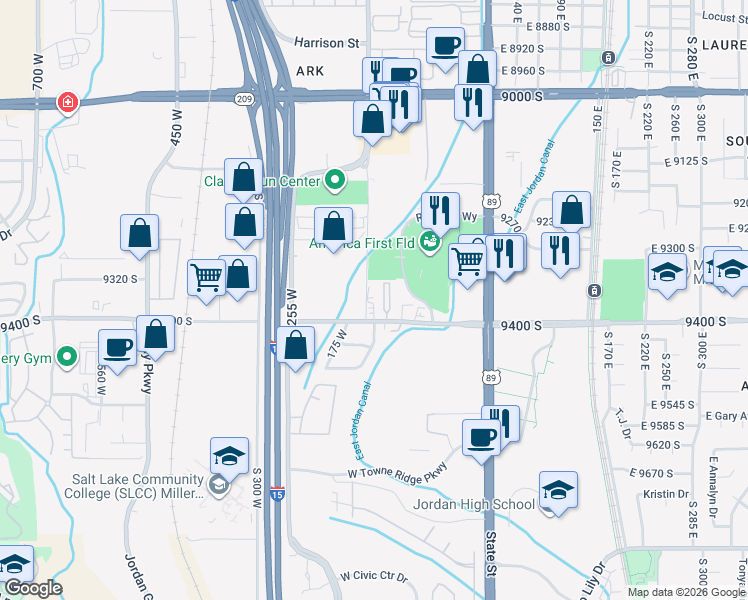 map of restaurants, bars, coffee shops, grocery stores, and more near 146 West 9400 South in Sandy