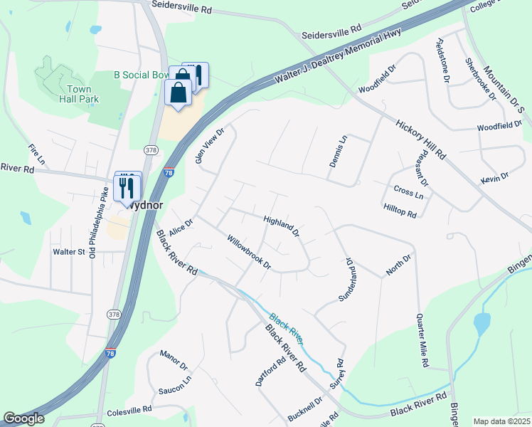 map of restaurants, bars, coffee shops, grocery stores, and more near 1509 Highland Drive in Bethlehem