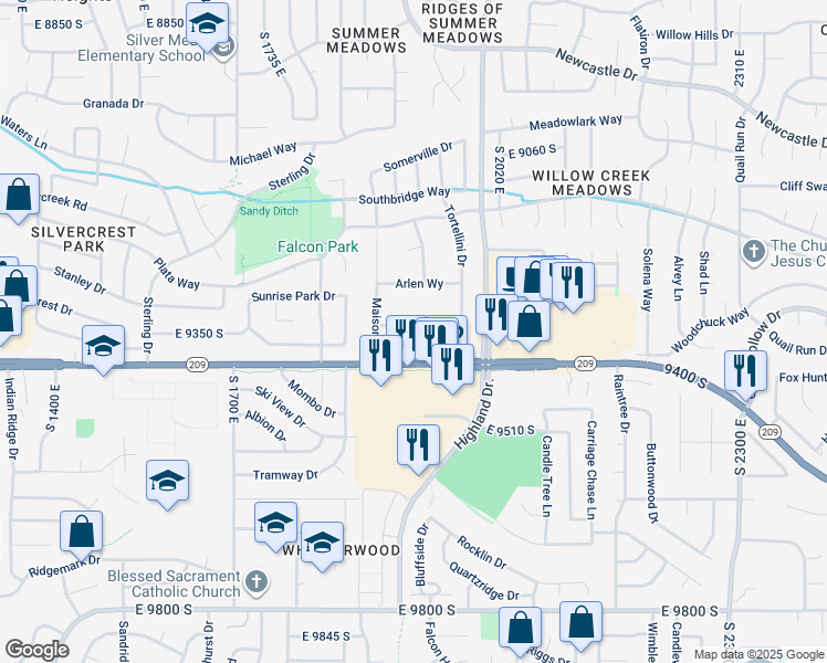 map of restaurants, bars, coffee shops, grocery stores, and more near 1901 East 9400 South in Sandy