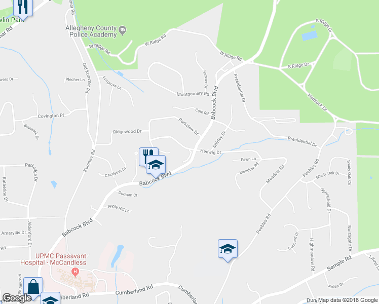 map of restaurants, bars, coffee shops, grocery stores, and more near 1 Crestwood Drive in McCandless