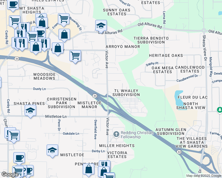 map of restaurants, bars, coffee shops, grocery stores, and more near 1802 Whaley Court in Redding