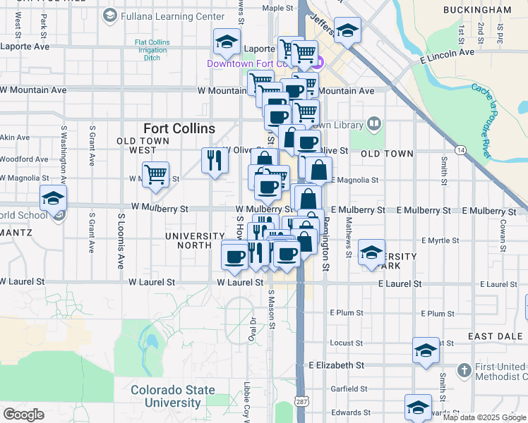 map of restaurants, bars, coffee shops, grocery stores, and more near 505 South Mason Street in Fort Collins