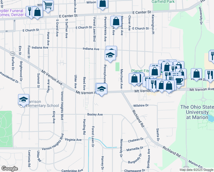 map of restaurants, bars, coffee shops, grocery stores, and more near 510 Pennsylvania Avenue in Marion
