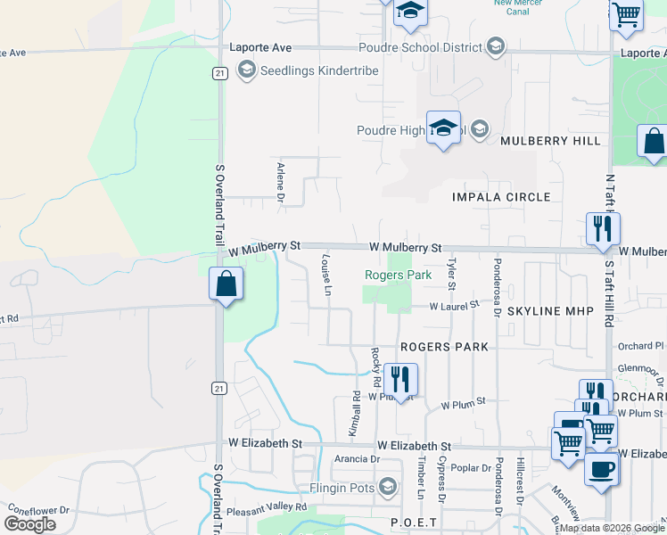 map of restaurants, bars, coffee shops, grocery stores, and more near 517 Louise Lane in Fort Collins