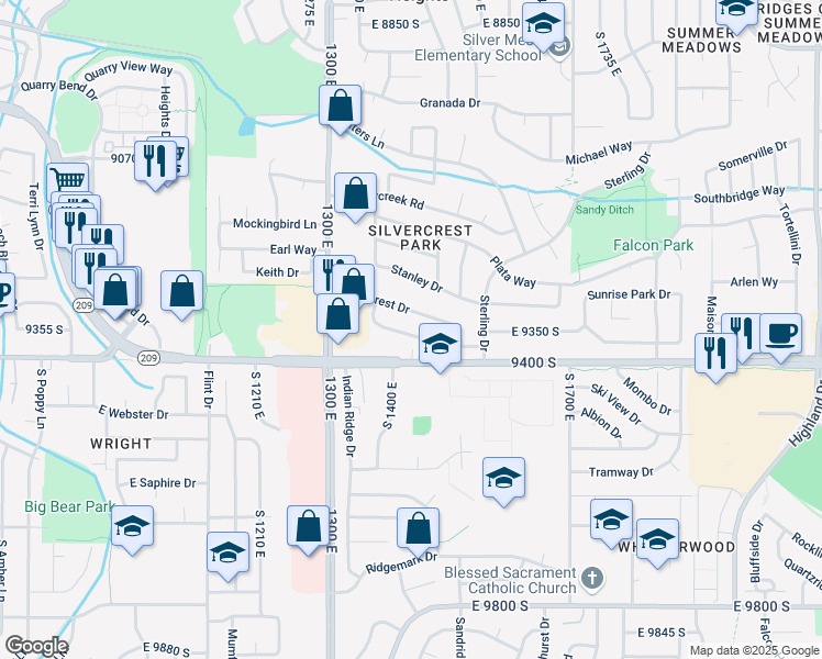 map of restaurants, bars, coffee shops, grocery stores, and more near 1430 Sandy Hills Drive in Sandy