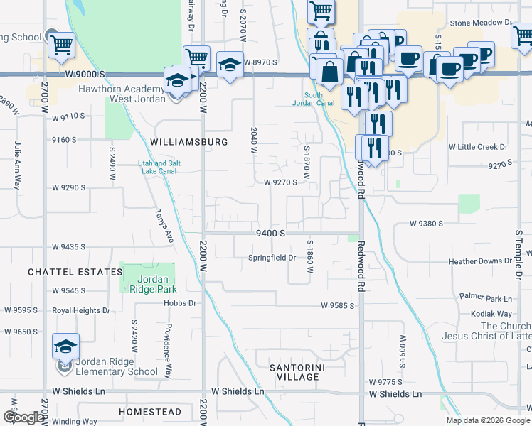 map of restaurants, bars, coffee shops, grocery stores, and more near 2043 Jordan Villa Drive in West Jordan