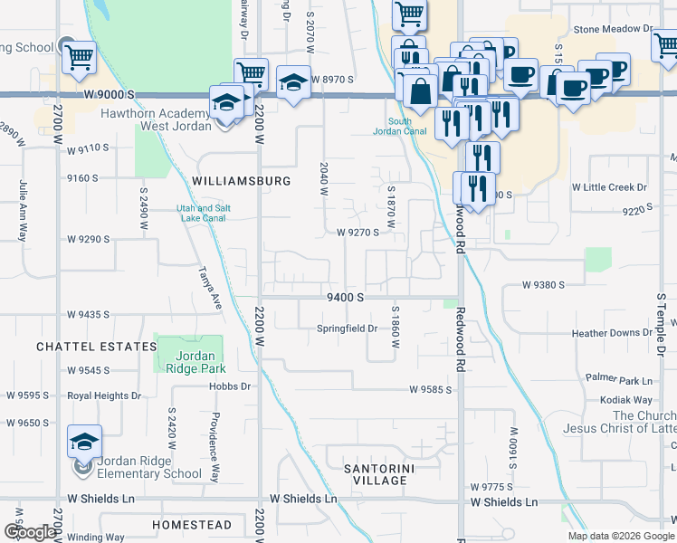 map of restaurants, bars, coffee shops, grocery stores, and more near 2043 Jordan Villa Drive in West Jordan