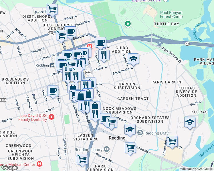 map of restaurants, bars, coffee shops, grocery stores, and more near 1040 Gold Street in Redding