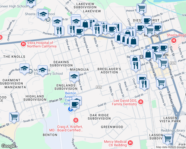 map of restaurants, bars, coffee shops, grocery stores, and more near 1550 Magnolia Avenue in Redding