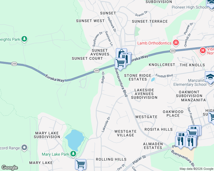 map of restaurants, bars, coffee shops, grocery stores, and more near 1351 Ridge Drive in Redding