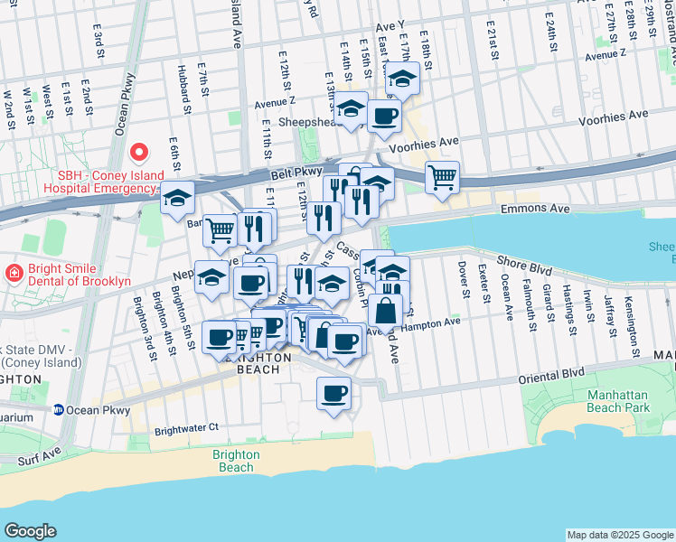 map of restaurants, bars, coffee shops, grocery stores, and more near 2942 Brighton 12th Street in Brooklyn