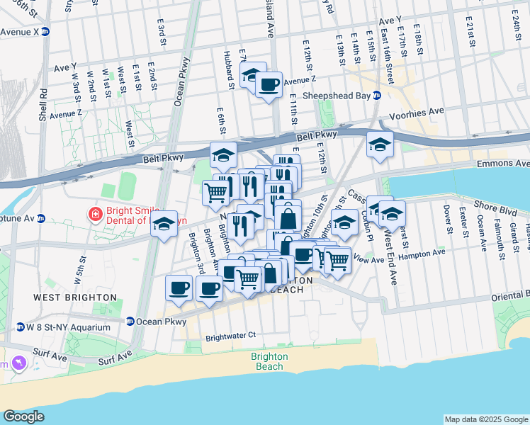 map of restaurants, bars, coffee shops, grocery stores, and more near 18 Brighton 8th Place in Brooklyn