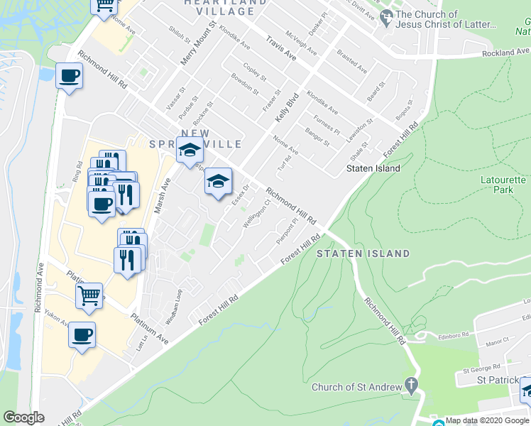 map of restaurants, bars, coffee shops, grocery stores, and more near 30 Belmar Drive East in Staten Island