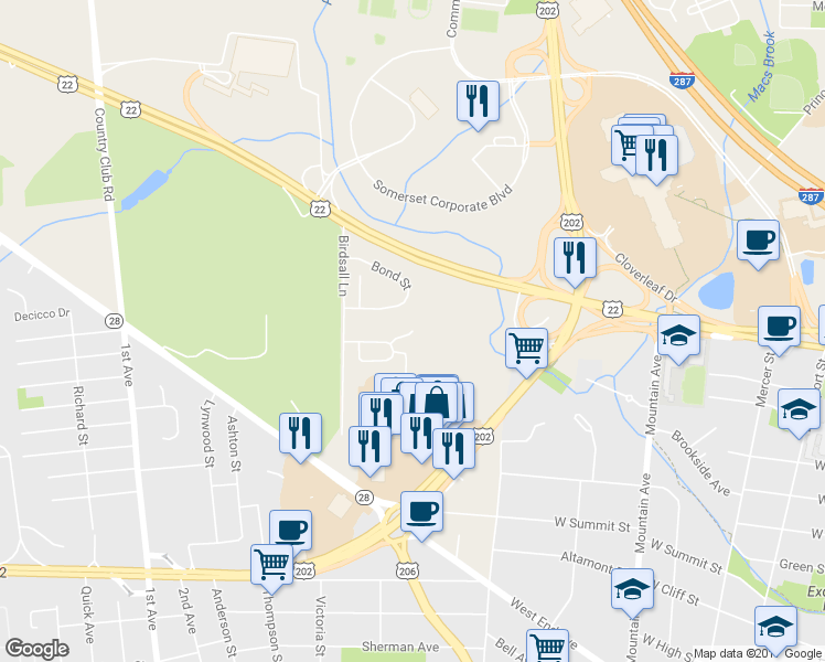 map of restaurants, bars, coffee shops, grocery stores, and more near 1 Tunison Lane in Bridgewater Township