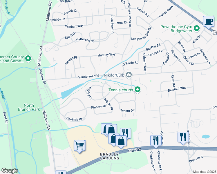 map of restaurants, bars, coffee shops, grocery stores, and more near 404 Reading Circle in Bridgewater Township