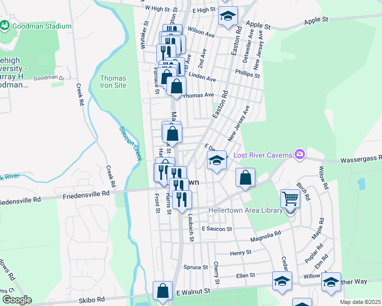 map of restaurants, bars, coffee shops, grocery stores, and more near 768 Easton Road in Hellertown