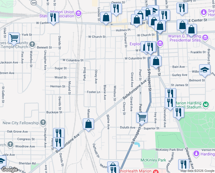 map of restaurants, bars, coffee shops, grocery stores, and more near 468 Blaine Avenue in Marion
