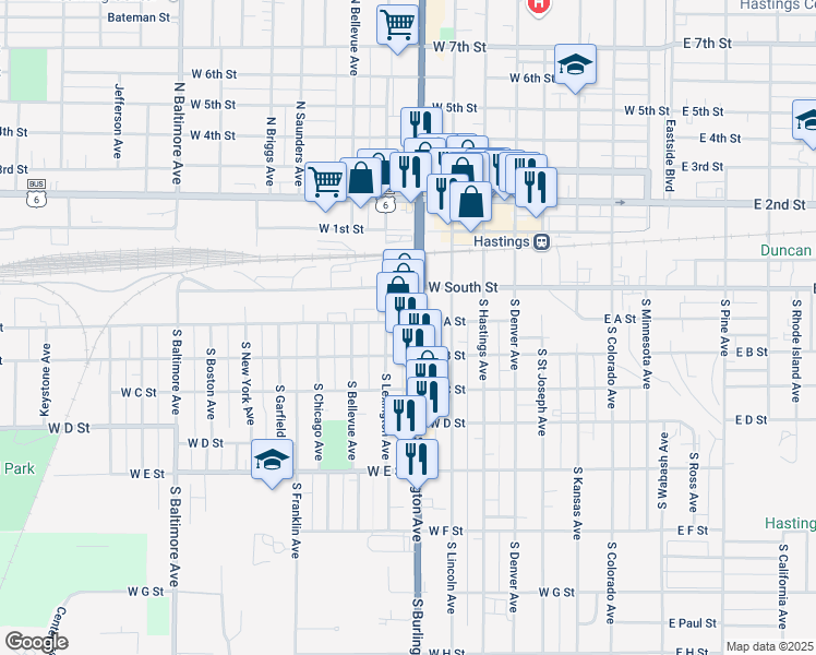 map of restaurants, bars, coffee shops, grocery stores, and more near 342-358 American Legion Memorial Highway in Hastings