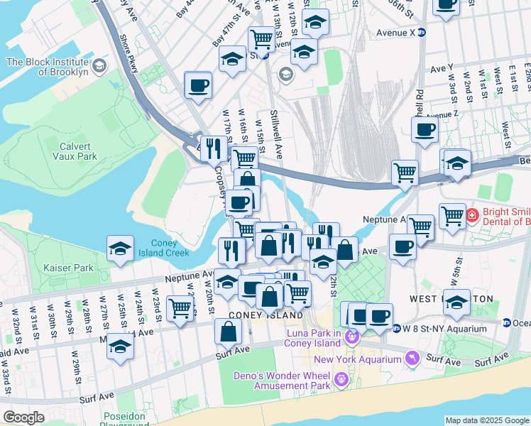 map of restaurants, bars, coffee shops, grocery stores, and more near 2735 West 15th Street in Brooklyn