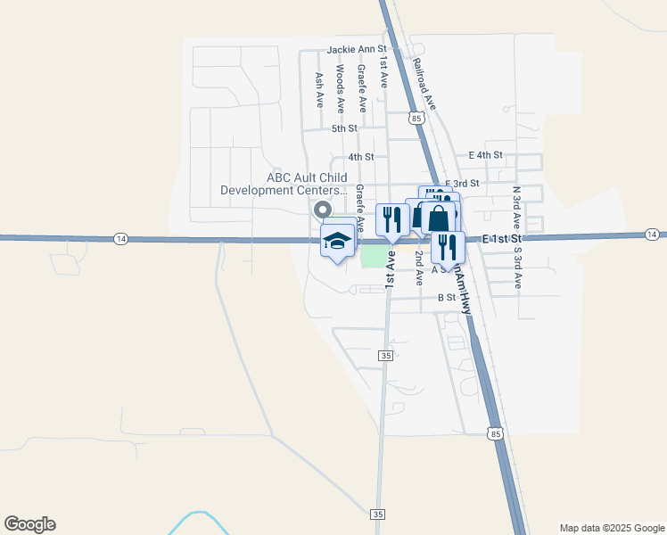 map of restaurants, bars, coffee shops, grocery stores, and more near 208 1st Street in Ault
