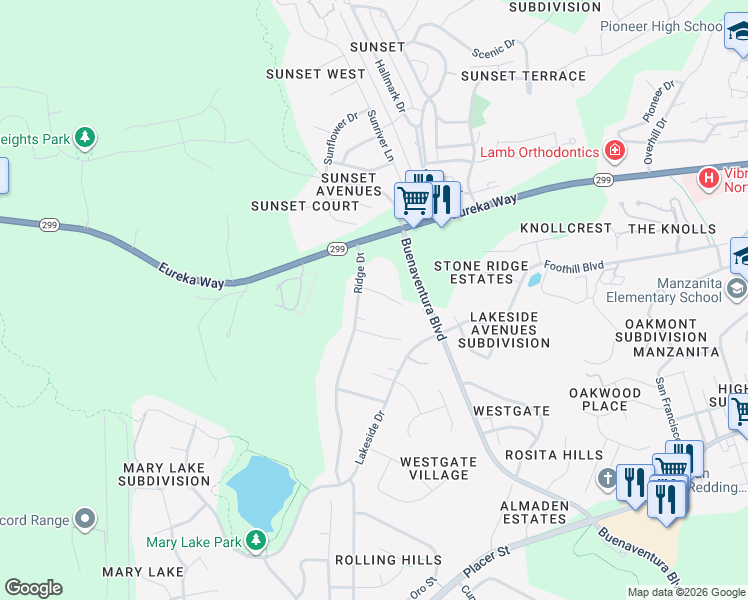map of restaurants, bars, coffee shops, grocery stores, and more near 1351 Ridge Drive in Redding