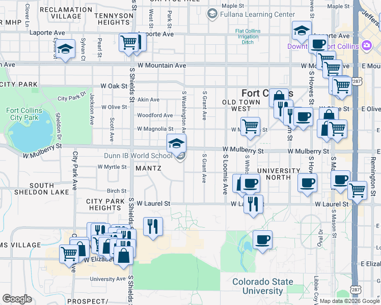 map of restaurants, bars, coffee shops, grocery stores, and more near 516 South Washington Avenue in Fort Collins